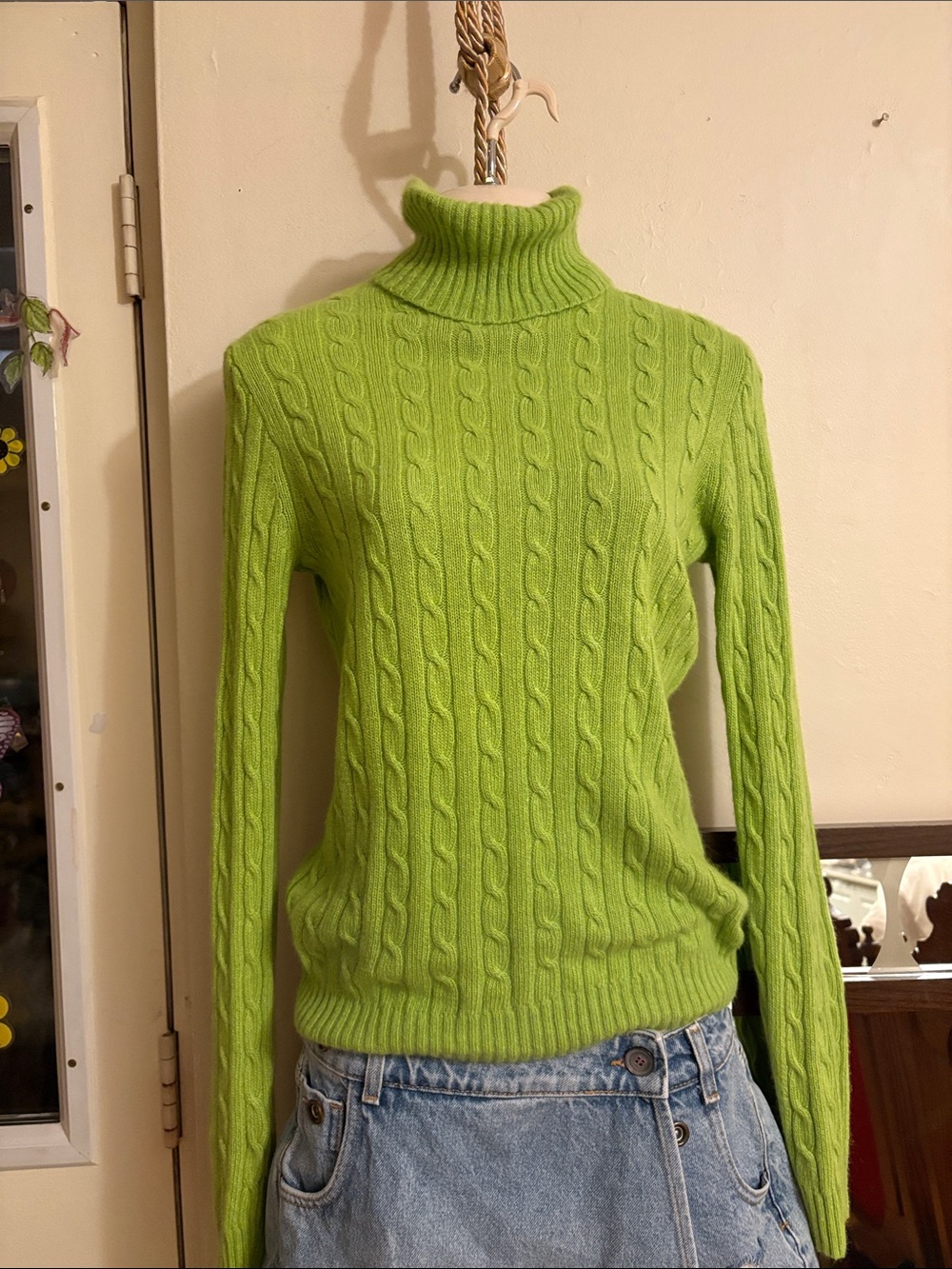 J. Crew Bright Lime Cable Turtleneck Sweater. Angora. Wool. Cashmere